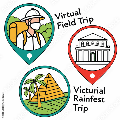 Illustrative icons depicting a virtual field trip with a masked explorer a classical building and an egyptian pyramid with palm trees