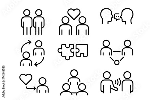 Communication and teamwork line icon set. Business relationship, partnership, collaboration concept. Empathy, connection, and social interaction vector symbols for infographic.