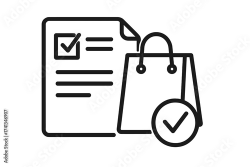 Order completed icon. Successful purchase confirmation. Shopping list and bag vector. E-commerce transaction success. Checkout process complete. Wishlist fulfilled symbol.