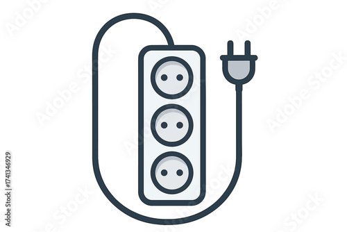 Electric extension cord with multiple sockets. Power strip in a flat design style. Vector illustration of an outlet and plug. Electricity and energy supply concept icon.