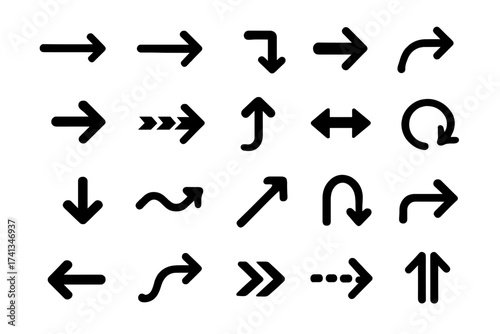 Set of vector arrows. Arrow icon collection. Black isolated pointer symbols. Various shapes for direction, navigation, cursors, and user interface. Graphic design elements.