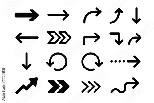 Set of vector arrows. Arrows black vector on white background. Arrow vector icon collection for user interface and web design. Includes pointers, curves, and refresh symbols.
