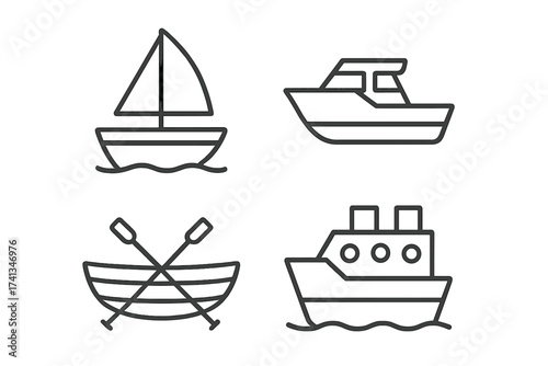 Boat and ship line icon set. Sea transport collection. Vector graphic illustration of sailboat, yacht, ferry, and rowboat for travel and transportation design elements.