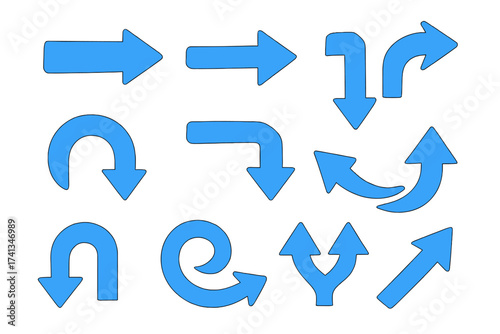 Set of blue vector arrows. Collection of various arrow icons for web design and navigation. Direction pointers, cursors, and symbols. Straight, curved, u-turn, and split shapes.