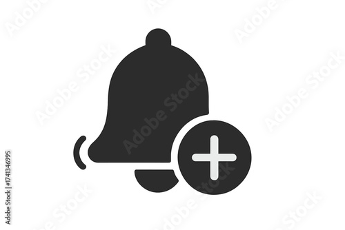 Add notification bell icon with plus symbol. New reminder, subscribe for updates, and set alarm concept. Simple glyph for web UI, app button. Follow, schedule event vector.
