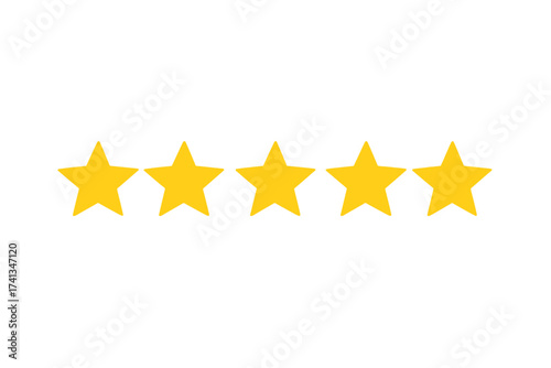 Five stars rating icon for best customer review. Feedback and satisfaction concept. Golden star symbol for quality evaluation, classification, success, and top service ranking.