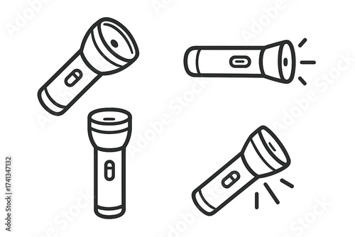 Flashlight line icon set. Vector illustration of torch with light beam. Electric lamp equipment for camping, emergency, search. Portable pocket spotlight symbol collection.