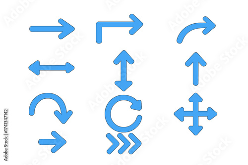 Vector arrow icon set. Blue directional symbols collection. Pointers for navigation, direction, and user interface. Includes up, down, left, right, refresh, and move icons.