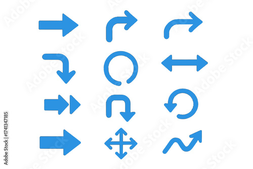 Set of blue vector arrow icons for navigation and direction. Collection of pointers and signs for UI, UX web design. Includes refresh, reload, next, curve, and move symbols.