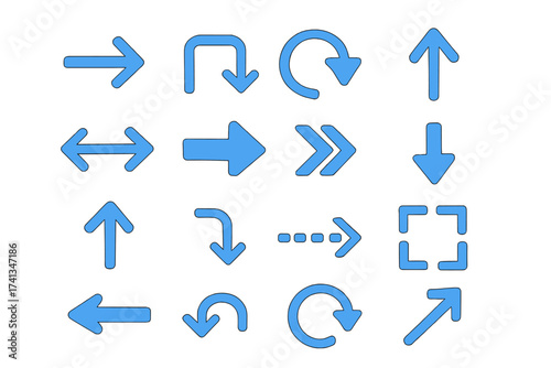 Set of blue vector arrows. Collection of different arrow icons for web and app design. Navigation and direction symbols. Pointer signs for next, previous, up, and down.