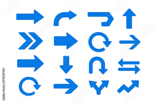 Set of blue vector arrows. Collection of different arrow icons. Navigation pointer symbol for web design, UI, UX, app. Direction signs for next, back, up, down, refresh, growth.