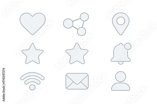 Glassmorphic social network icon pack set with outline pictograms for like heart, share, location pin, rating star, notification bell, wifi symbol, email envelope, and user profile on white