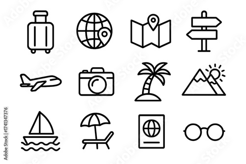 Tourism travel vacation outline icons set. Suitcase, map, destination globe, airplane, camera, palm tree, mountain, sailboat, beach, passport, glasses. Modern vector illustration pack.