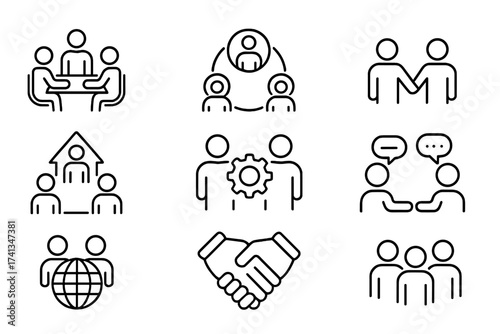 Team meeting icons set group teamwork project team collaboration business discussion partnership handshake global communication cooperation brainstorming flat line vector illustration
