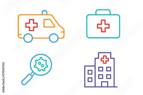 Healthcare and Medical Line Icons Collection for Web and Mobile Applications Featuring Ambulance, First Aid Kit, Medical Research, Hospital Building, Colorful Conceptual Vector Set
