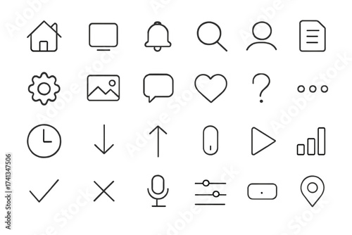 Minimalist thin line icon set for modern user interface, web design, mobile app, dashboard, settings, communication, media, navigation, and business concepts on transparent background