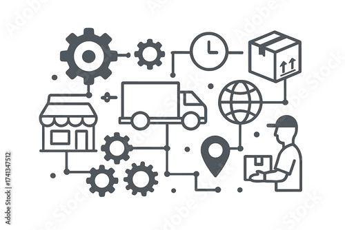 Supply Chain Logistics Network Vector Illustration. Delivery Process, Storefront, Warehouse Management, Transportation, Shipping, Courier, Gear Icon, Route, Distribution, Global Business Concept