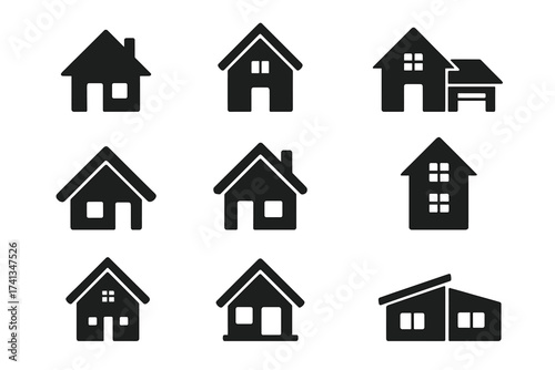 House vector icons set. Real estate symbol collection. Home silhouette graphic element. Property and building signs for web design and app. Residential cottage illustration.
