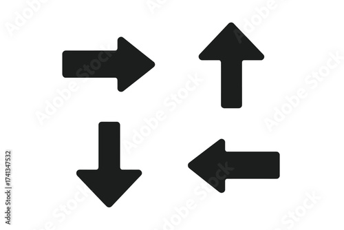 Directional arrow icon set, four black bold arrows pointing up, down, left, right, minimal style, flat vector illustration, navigation symbol, isolated on white background, graphic resource