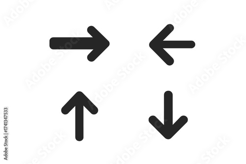 Black directional arrow icons set isolated on white background, trendy flat style navigation symbols, vector illustration, collection of right, left, up, down arrows, simple direction signs