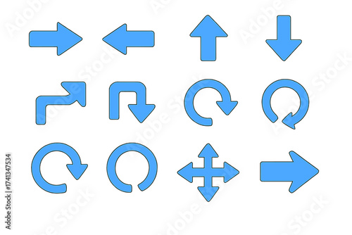 Set of blue vector arrow icons. Simple flat graphic elements for direction, navigation and user interface design. Pointers, circular refresh and reload symbols for web design.