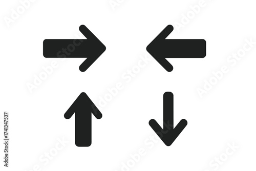 Black arrow icon set, four directional arrows, right, left, up, down, trendy flat style, simple bold vector symbols, navigation sign, pointer, isolated on white, clean minimal design