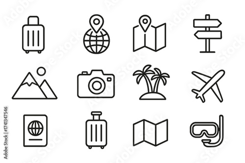 Tourism and Travel Line Icon Pack for Stock - Suitcase, Global Location Pin, Folded Map, Directional Signs, Airplane, Mountain, Palm Island, Camera, Passport, Map, Snorkeling Mask. Vector Illustration