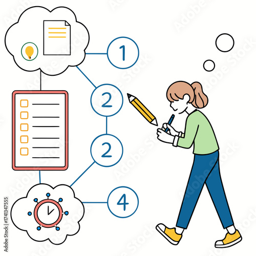 Woman planning and organizing tasks with a checklist idea and time management symbols representing a structured approach to work and projects