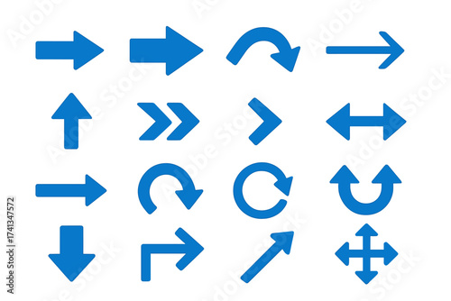 Blue vector arrows icon set. Collection of different arrow shapes for navigation and direction pointers. User interface design elements like refresh, reload, next, previous signs.