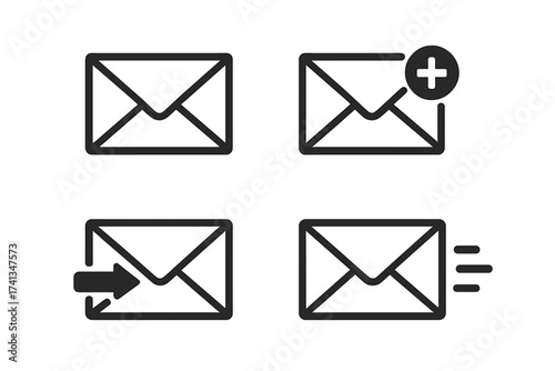 Mail icons set. Email envelope collection. Vector symbols for new message, send, receive, inbox. Simple pictogram for web, ui, app. Communication, post, letter sign.