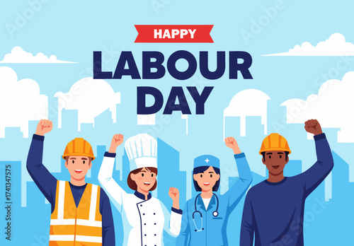 Happy Labour Day celebration with diverse professionals in the city, honoring workers' rights and contributions to society