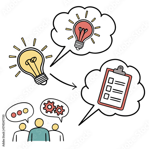 Teamwork and collaboration lead to innovative ideas and organized planning depicted by lightbulbs gears and checklists within thought bubbles above people