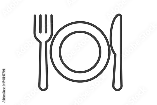 Restaurant food icon. Plate, fork, knife. Line symbol for dinner, lunch, breakfast. Cutlery & tableware pictogram for menu, cafe, kitchen. Eat sign. Minimal vector logo.