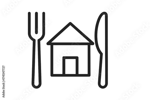 Restaurant real estate logo. Home food delivery concept. House with fork and knife. Dining icon. Vector line art pictogram for catering, cafe, or property business menu.