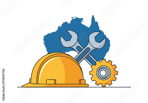 Celebrating Australian Labour Day A Symbol of Industry, Tools, and Progress with a Hard Hat and Wrench Icon
