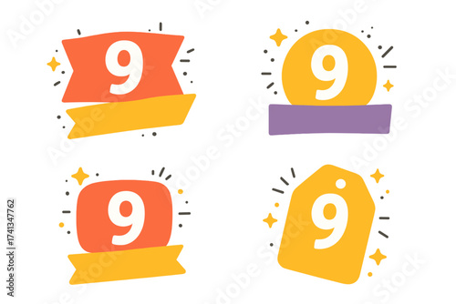 Number 9 days left to go. Promotional banner collection. Sale countdown badges and stickers for landing page. Final offer announcement. Limited time deal vector icon set.
