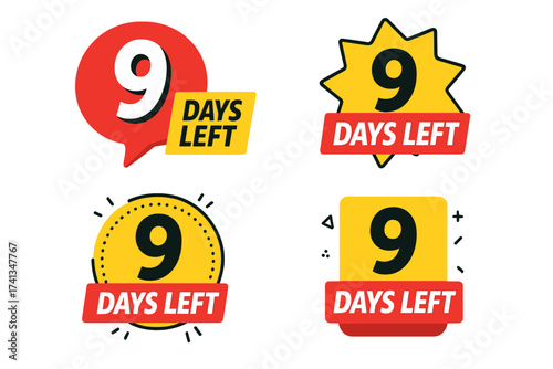 9 Days Left countdown timer for sale promotion. Collection of promotional banners and badges. Number nine. Last days offer sticker. Marketing label for landing page. Vector set.