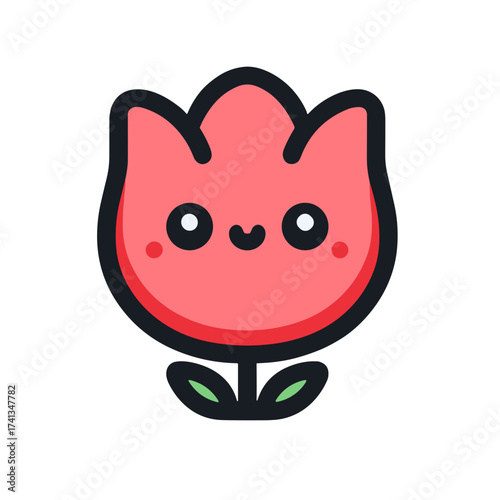 Playful cute pink flower character with smiling face and leaves on white background for children's decor concept