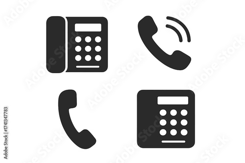 Telephone icon set. Landline office phone and ringing handset receiver symbols. Communication, contact us, and support concept. Simple flat vector glyph silhouette collection.