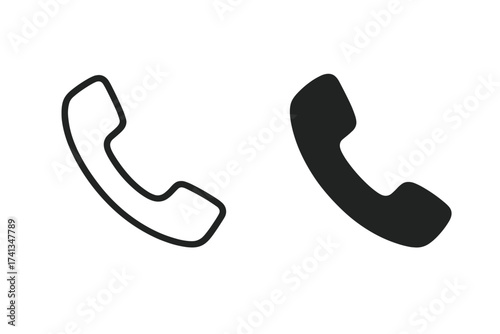 Phone icon set with line and solid styles. Telephone handset symbol for contact and communication. Vector illustration of a simple, minimal call sign, glyph, and silhouette.