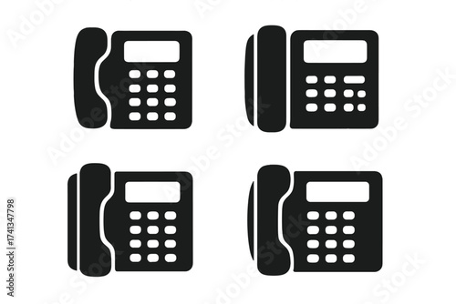 Telephone vector icon set. Landline phone silhouette collection. Office communication symbol. Contact us sign for web. Hotline or support concept. Classic old desk phone.