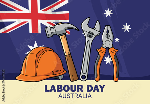 Happy Labour Day Australia, Celebrate the spirit of hard work and dedication with Australian flag and tools illustration