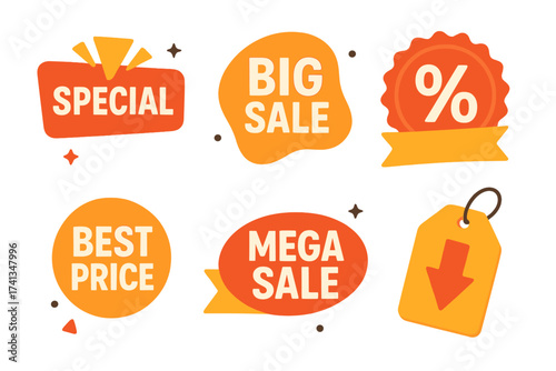Sale tags vector set. Special offer, big sale, discount, best price, mega sale banner collection. Shop or online shopping sticker, badge, coupon design elements for promotion.
