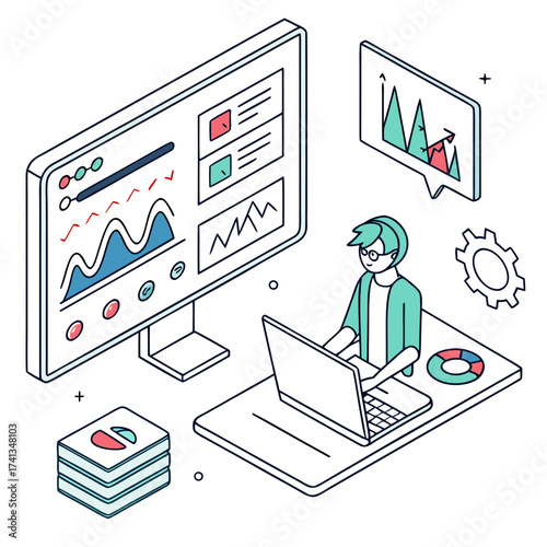 Isometric illustration of a person working on a laptop with data visualizations and charts on a computer screen and a separate monitor