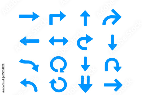 Blue vector arrow icon collection. Set of direction, navigation, curved, straight, circular, U-turn, left, right, up, down, refresh arrows. Graphic design, pointer sign, interface symbol, isolated.