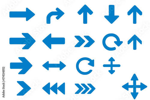 Blue Vector Arrows Icon Set Collection. Directional Arrow Symbols for Navigation, Interface, Web, App, Website. Straight, Curved, Circular, Four Way, Left, Right, Up, Down, Isolated on Transparent