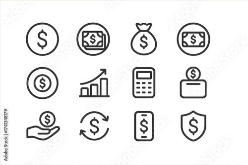 Simple finance line icons set. Minimal rounded money vector icons. Dollar sign, banknote, savings, currency exchange, calculator, protection. Pixel perfect for app, web, and print use.