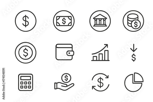 Modern rounded finance and money line icons set for banking, payment, investing, saving, accounting, economic growth, business, cash management, transactions, calculator, and financial analysis