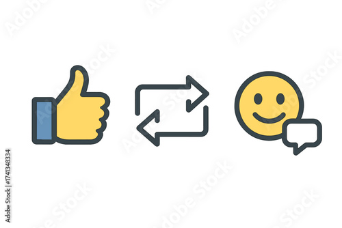 Social media vector thumbs up icon, repost arrow, comment smile emoji set. Feedback, interaction symbols, empathetic reactions. Like share comment icons, online engagement, communication illustration