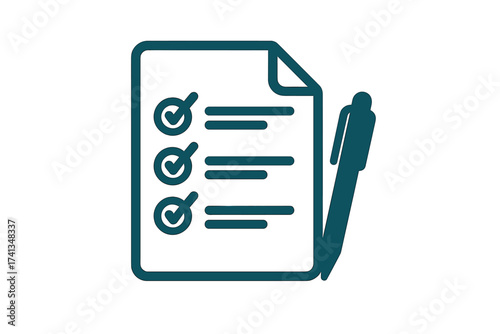 Survey questionnaire checklist icon vector. Flat style exam results paper sheet, pen, completed test concept, passed interview assessment, feedback quiz form, review, rating, isolated illustration.